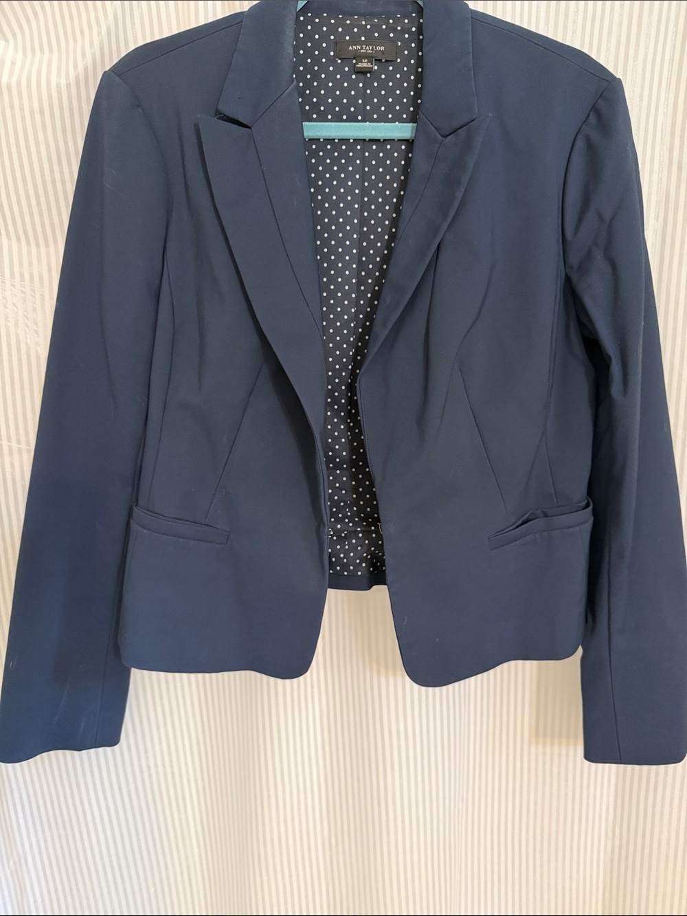 Ann Taylor Navy Ponte Blazer with Polka-Dot Lining